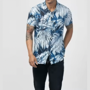Men’s Blue Leaf Print Casual Half Sleeve Shirt