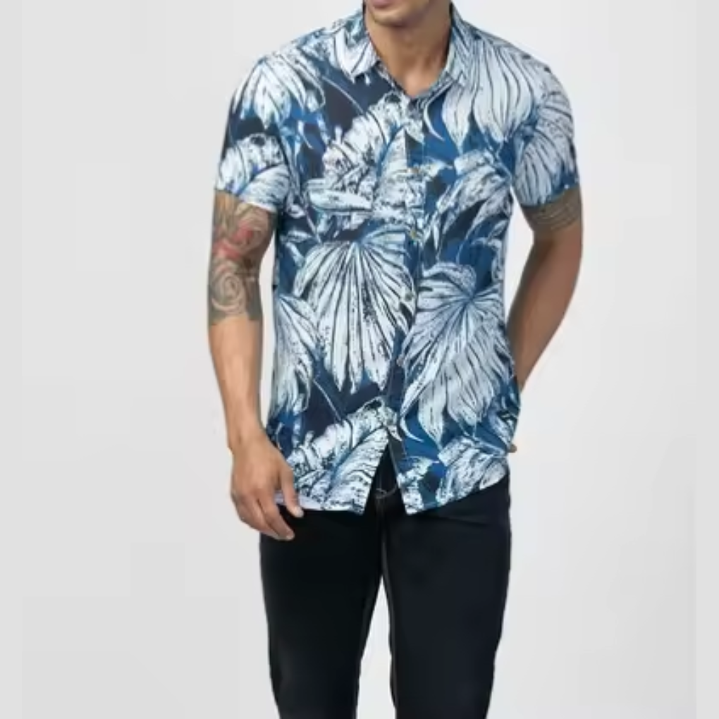 Men’s Blue Leaf Print Casual Half Sleeve Shirt