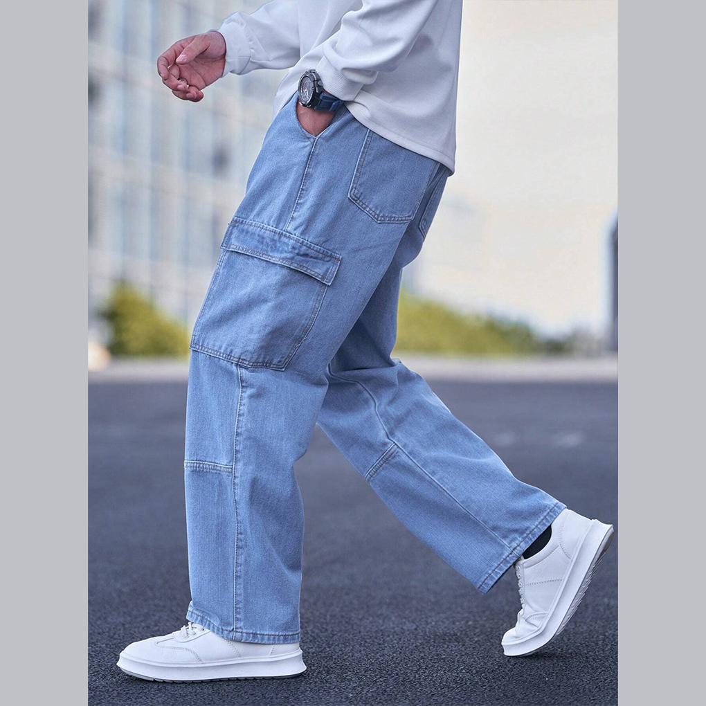 Men’s Light Blue Cargo Denim Jeans - Image 4