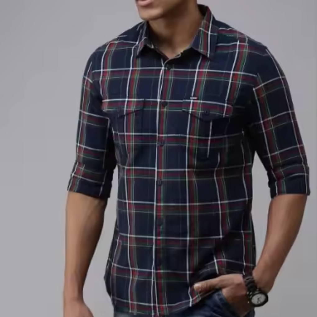 Men’s Navy Blue Checked Cotton Casual Shirt