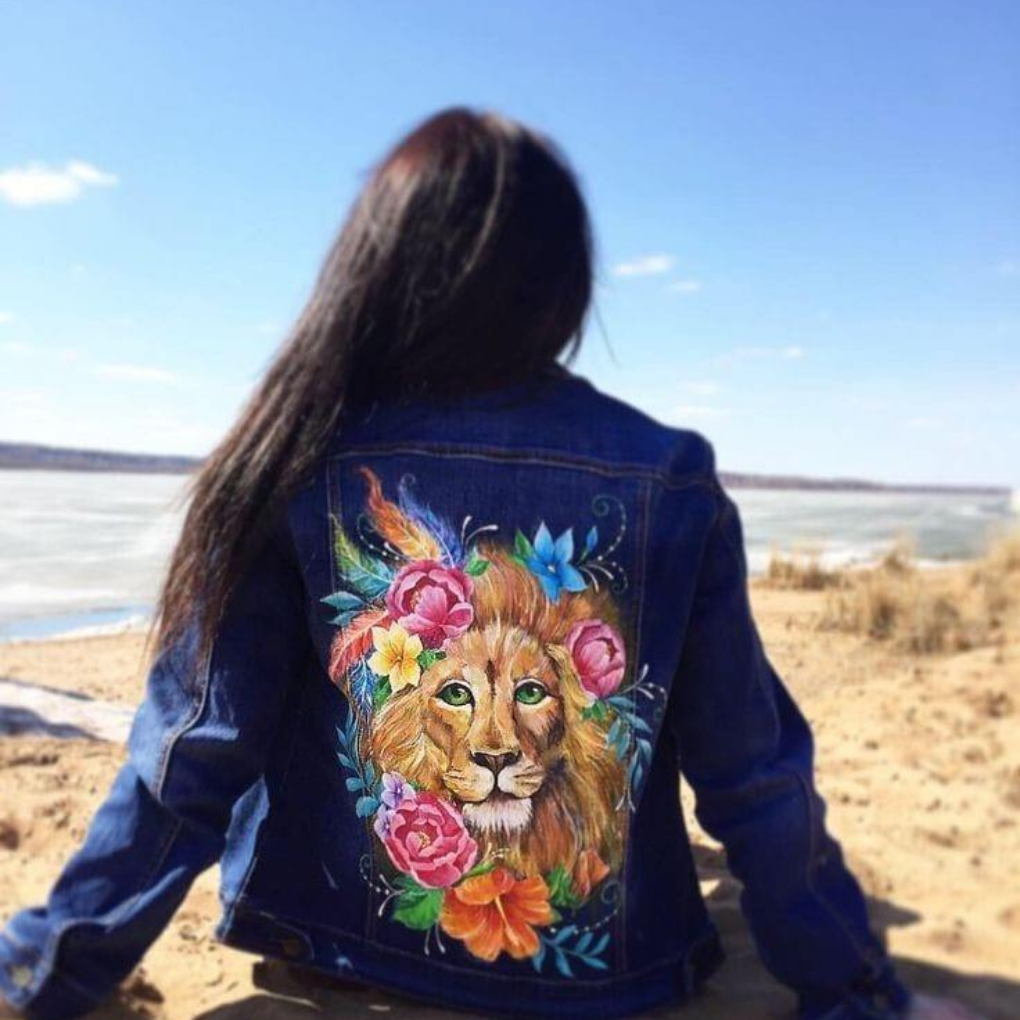 Floral Lion Hand-Painted Denim Jacket π¦πΈβ¨