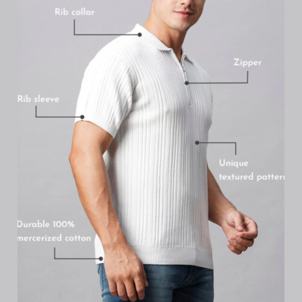Men’s White Ribbed Zipper Polo T-Shirt – 100% Mercerized Cotton - Image 2