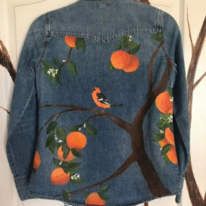 Hand-Painted Denim Jacket – Orange Tree & Bird Design