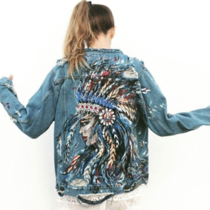Hand-Painted Artistic Denim Jacket – Tribal Inspired Portrait