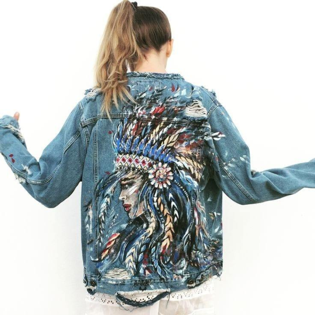 Hand-Painted Artistic Denim Jacket β Tribal Inspired Portrait