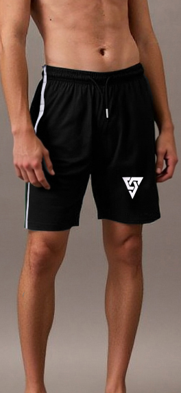 Men’s Black Sports Shorts with White Side Stripe – geometric logo