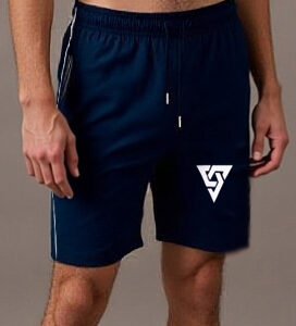 Men’s Dark Blue Athletic Shorts with Geometric Logo – Zipper Pocket