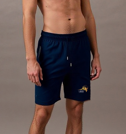 Men’s Dark Blue Athletic Shorts with Zipper Pockets – Lion