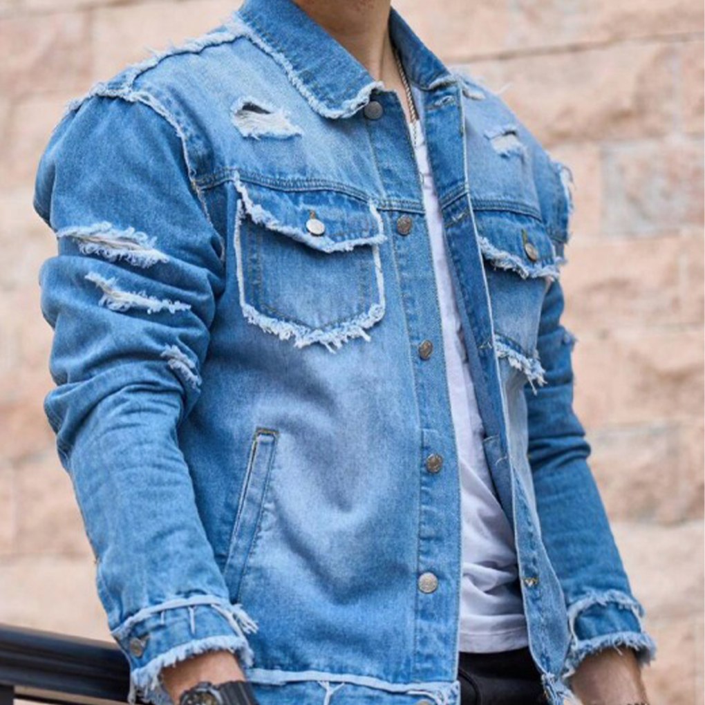 Men’s Blue Distressed Denim Jacket – Stylish Ripped Cotton Jean Jacket for Casual & Streetwear Look