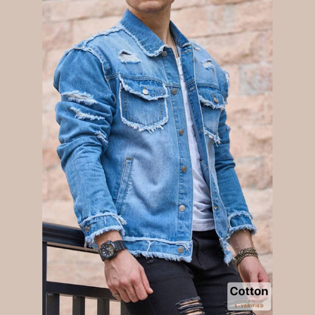 Men’s Blue Distressed Denim Jacket – Stylish Ripped Cotton Jean Jacket for Casual & Streetwear Look - Image 2