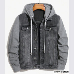 Black Denim Jacket with Grey Hoodie – Trendy Dual Fabric Design