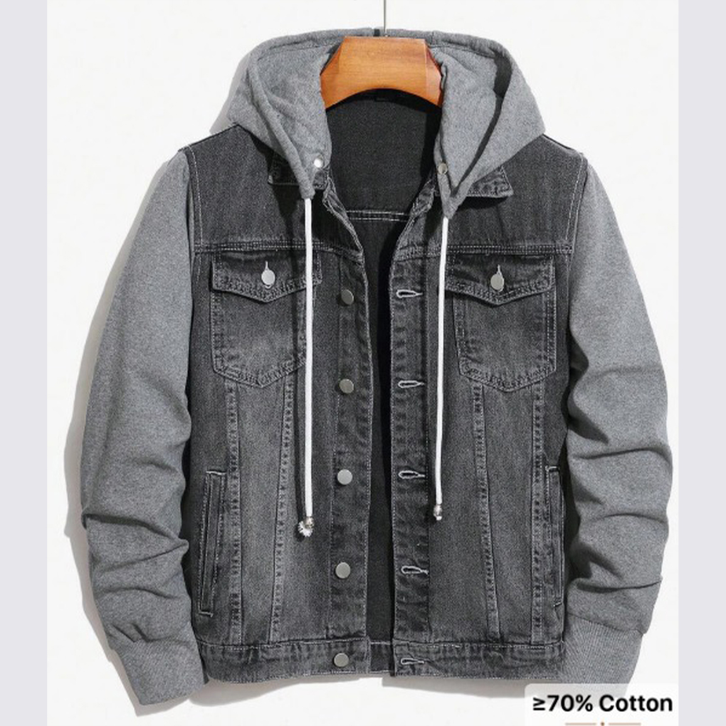 Black Denim Jacket with Grey Hoodie – Trendy Dual Fabric Design