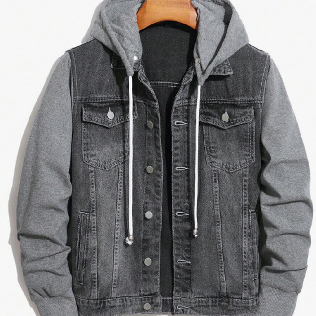 Black Denim Jacket with Grey Hoodie – Trendy Dual Fabric Design - Image 2